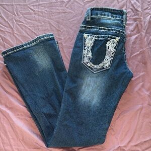 Girls Embroidered Pocket Bootcut Jeans in Dark Blue